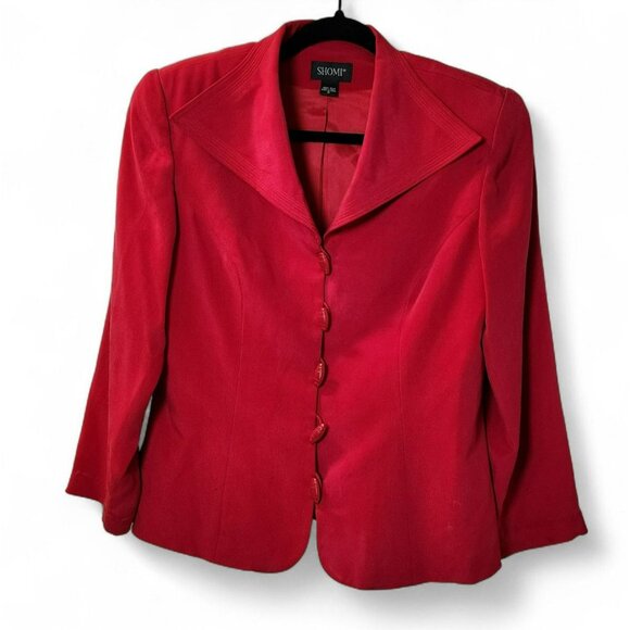 SHOMI Silk Blazer 10 | 100% Silk | Red | Fitted | Vintage Covered Buttons - Picture 1 of 5